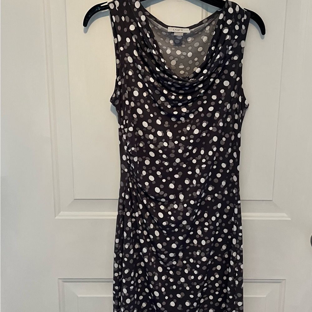 Loft Petite Sleeveless Charcoal Polka Dot Cowl Neck Dress